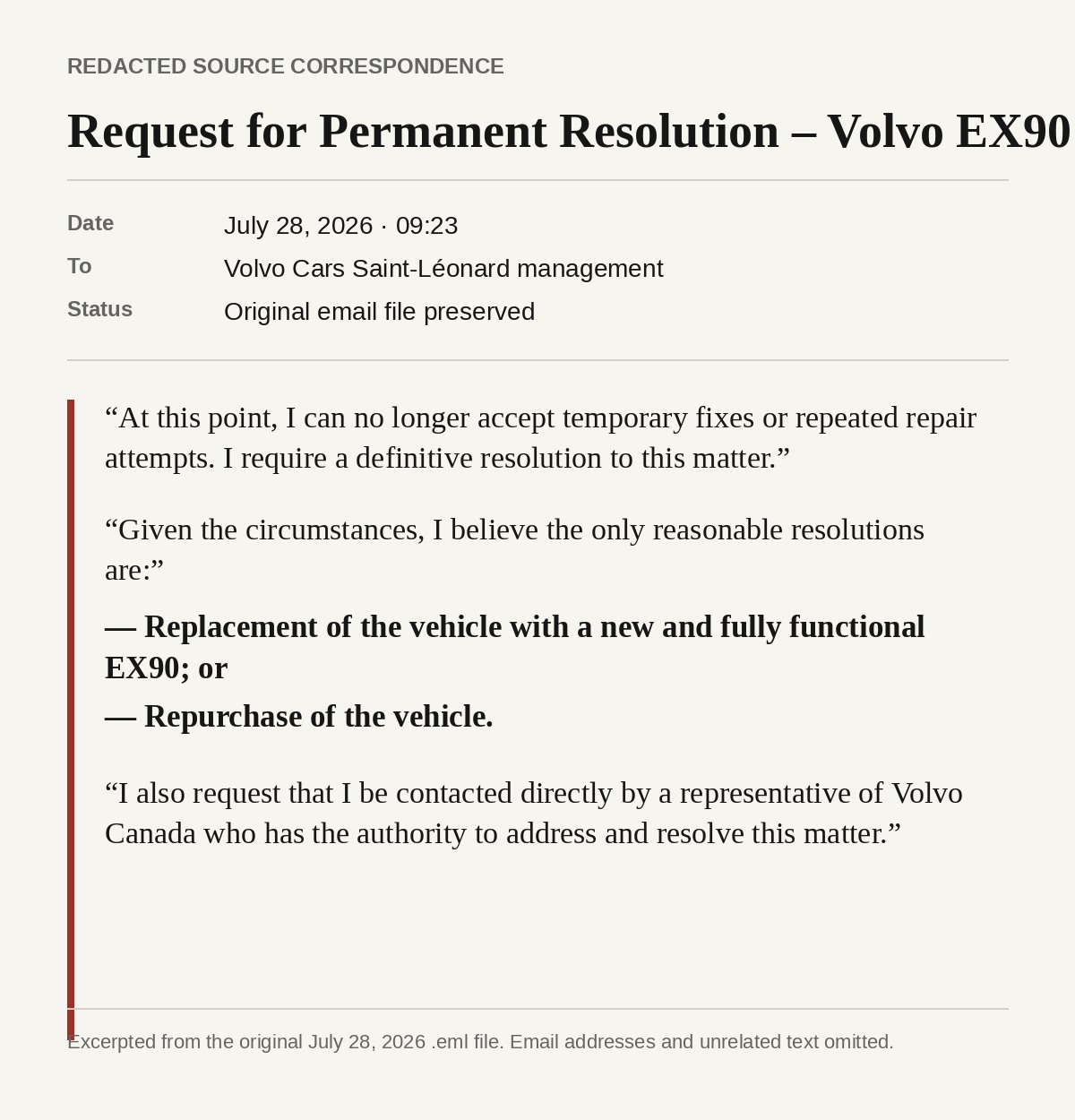 Redacted excerpt from the owner's July 28, 2026 email requesting a definitive resolution