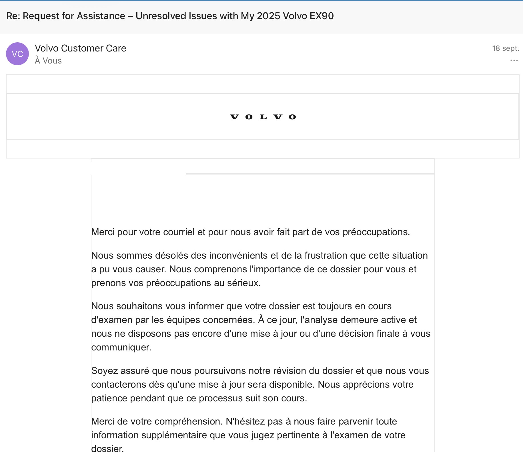 Redacted Volvo Customer Care email dated September 18, 2026